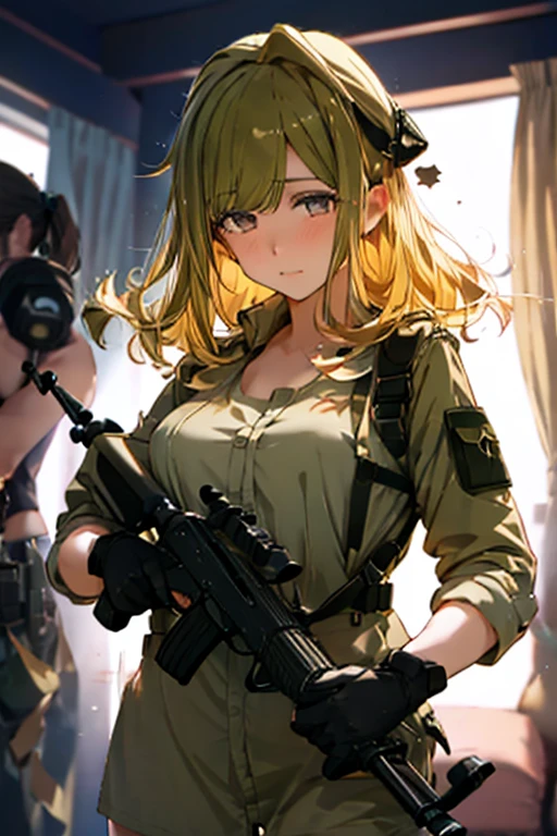 young woman,With an AK47 in hand,PMC Equipment,Open-chested clothing,Looking through the scope