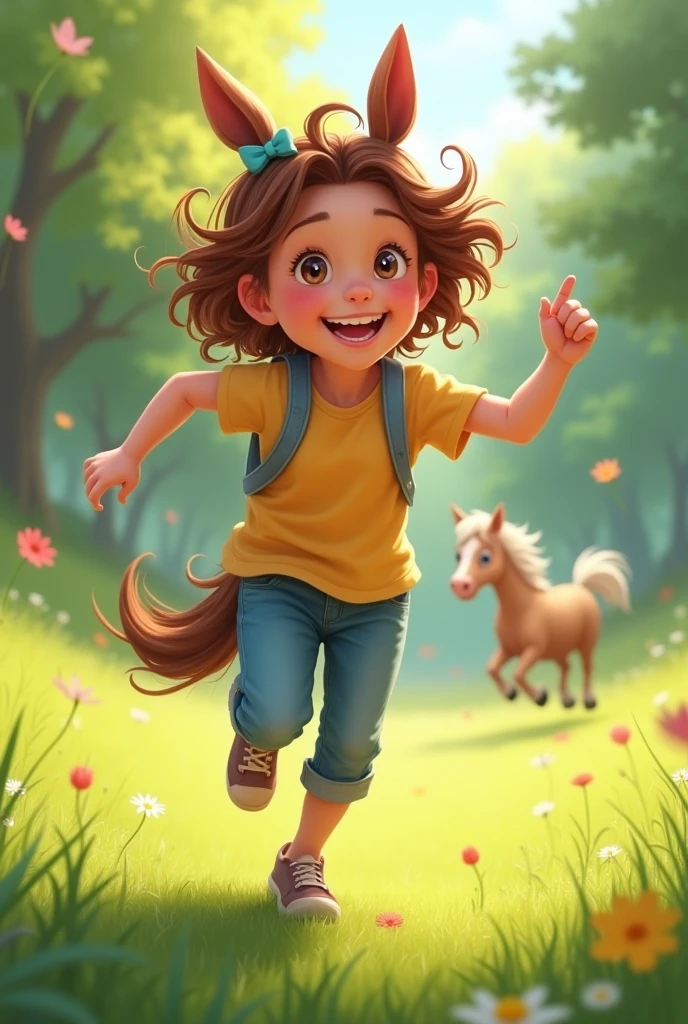 Ule fond une maison en campagne. Il fait beau je veux des arbres, des fleurs. Au premier plan une  d'environ 7 ans qui saute en l'air jambes et bras écartées avec un grand sourire.

La  a des cheveux attachés en queue de cheval. les yeux bleu vert. Un tee-shirt licorne rose. Les cheveux châtain clair. Elle porte un short court et des basket blanches