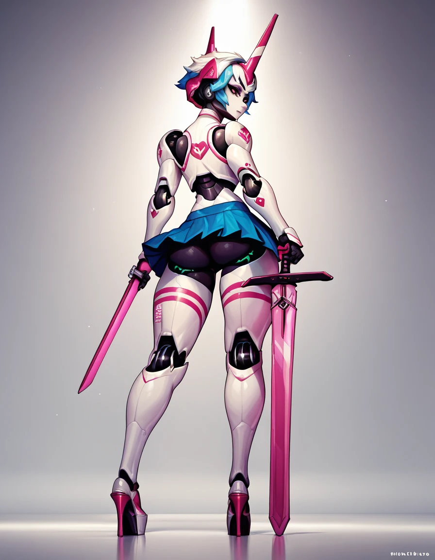 Human Male femboy ,large ass , skirt ,robot joints ,Full body ,big sword 