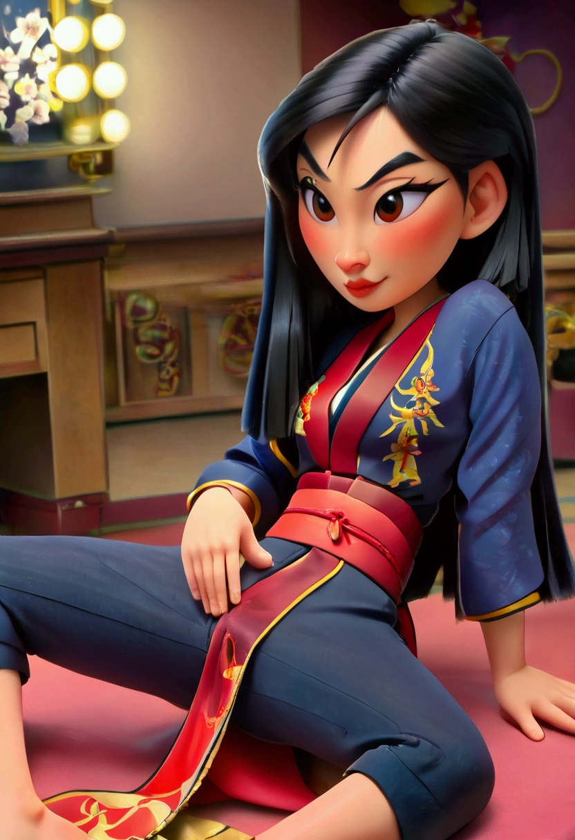 Mulan from Disney, dressed in open geisha kimono, show small tits, sprea legs, covering vagina with Chinese fan, mushy dragon around her leg, nsfw, traditional Disney style 