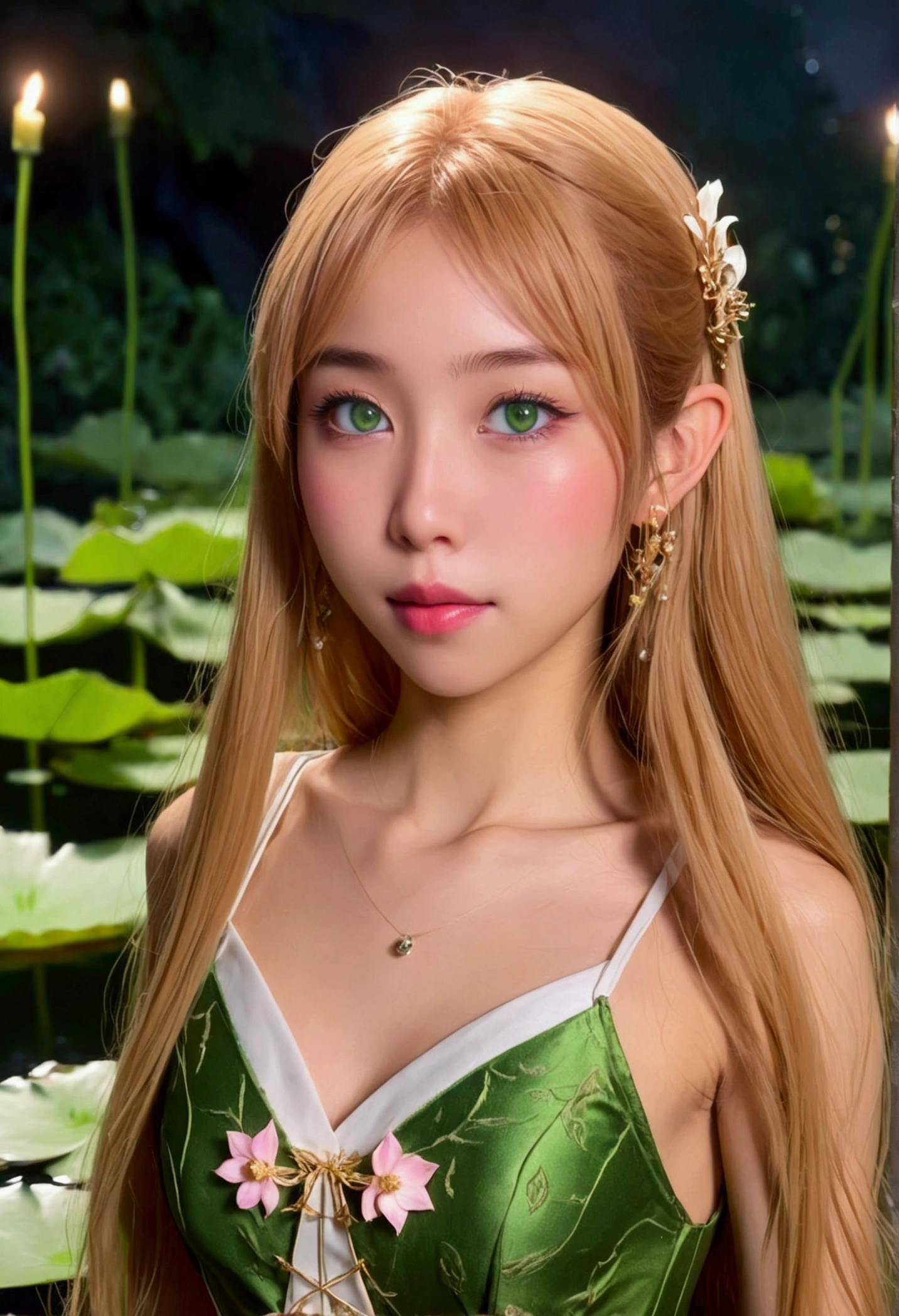 a cute elf, yuna, age 25, lanky, ivy outfit, waist length golden hair, huge green eyes, moves gracefully through a lotus pond, vision of beauty, moonlit night, realistic, photorealistic, photo-realistic:1.37, 8k, highres, masterpiece:1.2, ultra-detailed, HDR, UHD, studio lighting, ultra-fine painting, sharp focus, physically-based rendering, extreme detail description, professional, vivid colors, bokeh, portrait, fantasy, magical, glowing, ethereal, shimmering, serene, tranquil, reflections, moonlight, lotus pond, mystical, enchanting, show Yuna entire body
