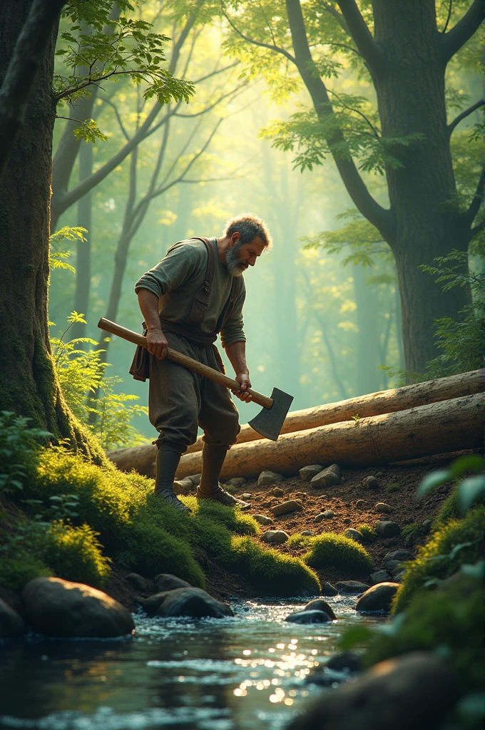 A biggest and largest danzer ganga river and side view a  man cutting tree by axe and he seen
 lifting a  gold ring

