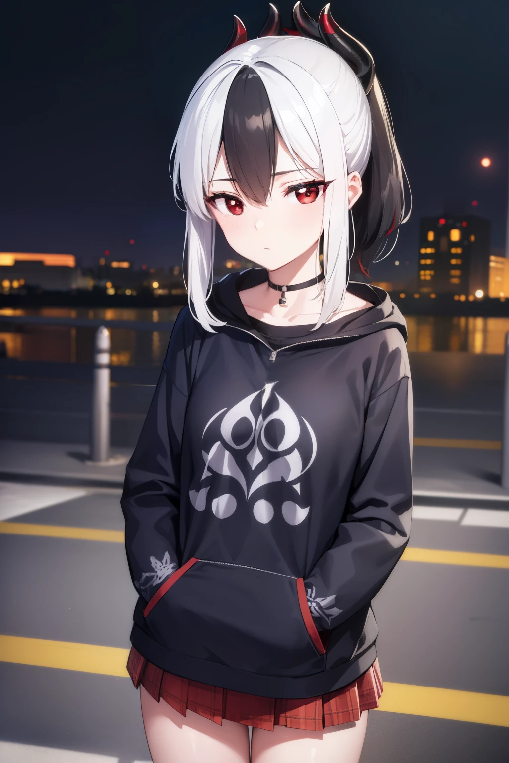 kayokoonikata, kayoko onikata, black hair, demon horns, hair between eyes, halo, horns, long hair, low wings, mole, mole on collarbone, multicolored hair, ponytail, (red eyes:1.5), single wing, two-tone hair, white hair, wings,
BREAK black hoodie, choker, hood, hoodie, pleated skirt, skirt, red skirt,
BREAK outdoors, city, sky, raining,
BREAK looking at viewer, (cowboy shot:1.5),
BREAK (masterpiece:1.2), best quality, high resolution, unity 8k wallpaper, (illustration:0.8), (beautiful detailed eyes:1.6), extremely detailed face, perfect lighting, extremely detailed CG, (perfect hands, perfect anatomy),