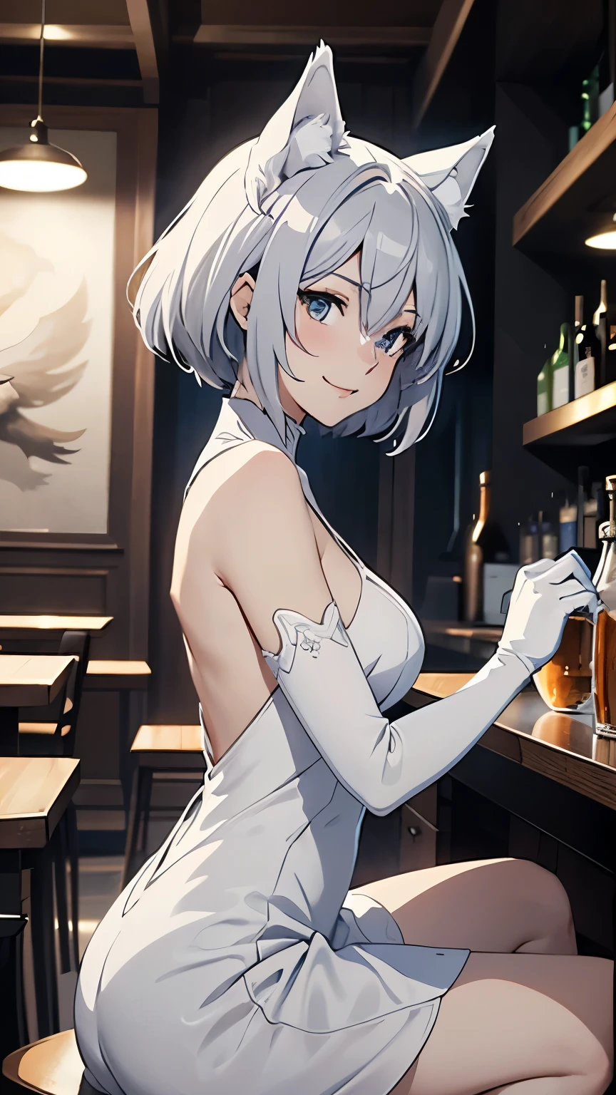table top High level image quality best image quality 8K adult woman Portrait white long gloves white pantyhose((blanche)) cocktail dress((Tube top)blanche)) wolf ears short hair((shortcut)(gray hair)(perm)(fluffy)) eye color is blue sleepy face((yawn)(close one eye)) Holding a glass background(bar counter)