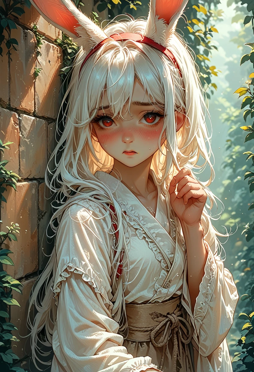 Anime girl with white hair and rabbit ears, Red eyes, shy blush, 