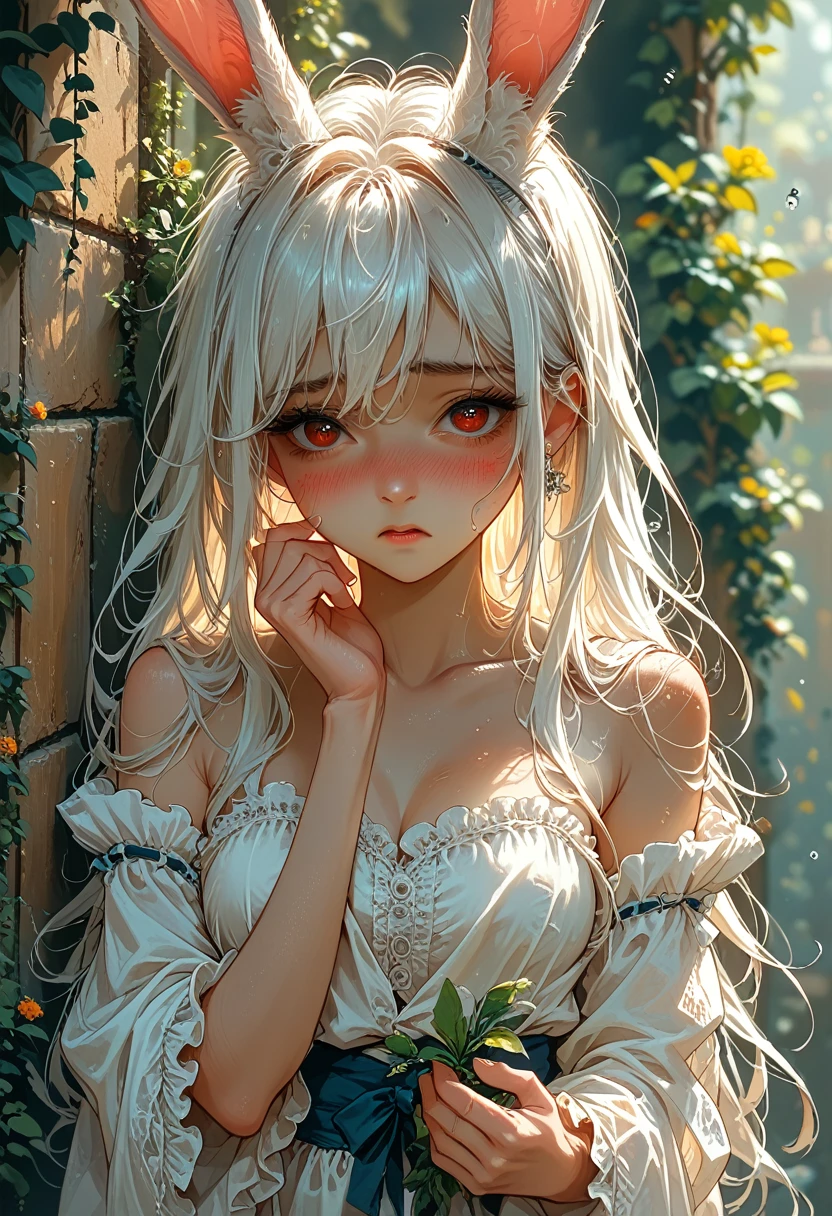 Anime girl with white hair and rabbit ears, Red eyes, shy blush, 