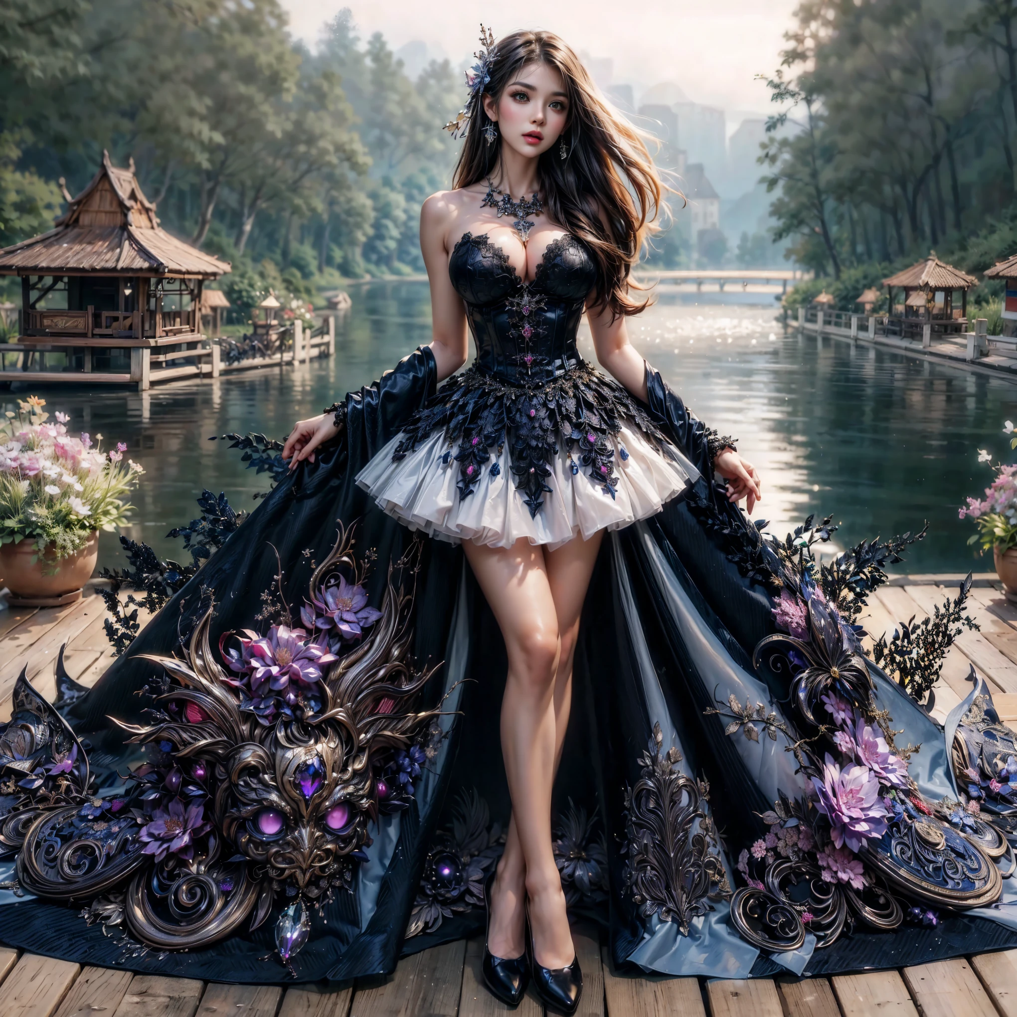 (Extreme HDR) (brightness FX) Photo of an asian woman gigantic Breast 'white skin' with long hair flowing in the wind, wearing a black batik patterned costume, a V-cut strapless corset style batik dress made of carbon patterned satin, a very narrow and stiff V-cut waist decorated with blue jewels, a luxurious long skirt, looks beautiful and stunning, very realistic and detailed, with a royal palace in the background, sitting on a boat, behind it is a blue moon. hyper realistic, hyper detail clothing, Detailed gemstones, masterpiece, best quality:1.2),,(8k,highres,RAW photo,realistic,photo-realistic:1.3),(detailed skin texture,detailed cloth texture, beautiful detailed face:1.25),professional lighting,photon mapping,beautiful soft light,radiosity,physically-based rendering,raytracing, model shoot style, model shoot style, (extremely detailed CG unity 8k wallpaper), full shot body photo of the most beautiful artwork in the world (NSFW), (Nude), (Naked), (carbon fiber corset) (green veiny breast) (steampunk corset) (glowing dress) (blue moon) (cloud) 