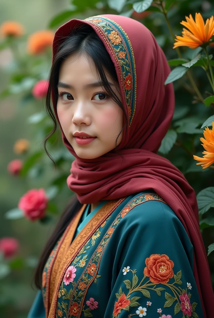 A beautiful Korean girl with a clean face, 2, medium body, not thin, not fat, wearing a hijab with a flower pattern, taking a close up photo, flower garden background, super photo restari HD, advanced camera