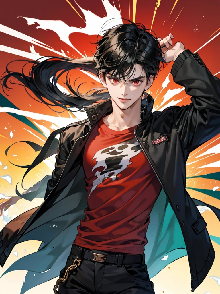 guy with black lush hair and street style, in a denim jacket with a poster, red glowing energy around him, grinning, evil, Red eyes (absurdity, A high resolution, ultra detailed, HDR), masterpiece, Best quality, epic