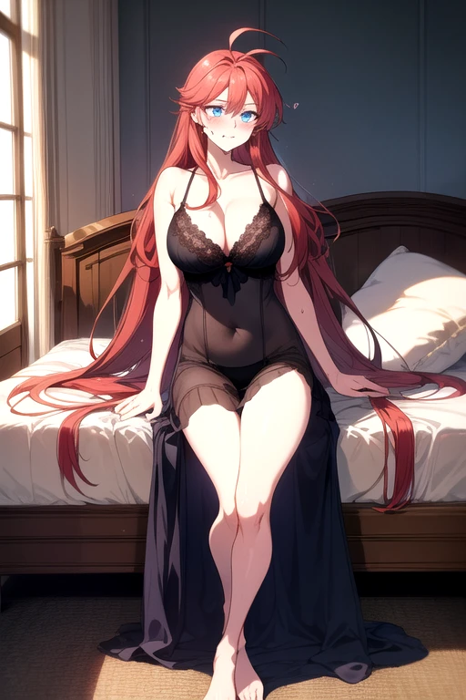 masterpiece, Highest quality, High resolution, Redhead＿Straight Long Hair、Ahoge、blue eyes、　1990s \(style\),、(Big Breasts)、Sweating all over the body、vapor、、Bedroom、Bright Sun、Full body image、Black negligee