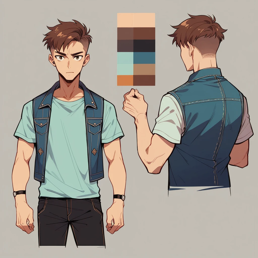 1boy ,Human Male , Brown pixie cut Side Hair Style  , t-shirt , BLUE vest fur jean jacket,character sheet , Concept ART , 