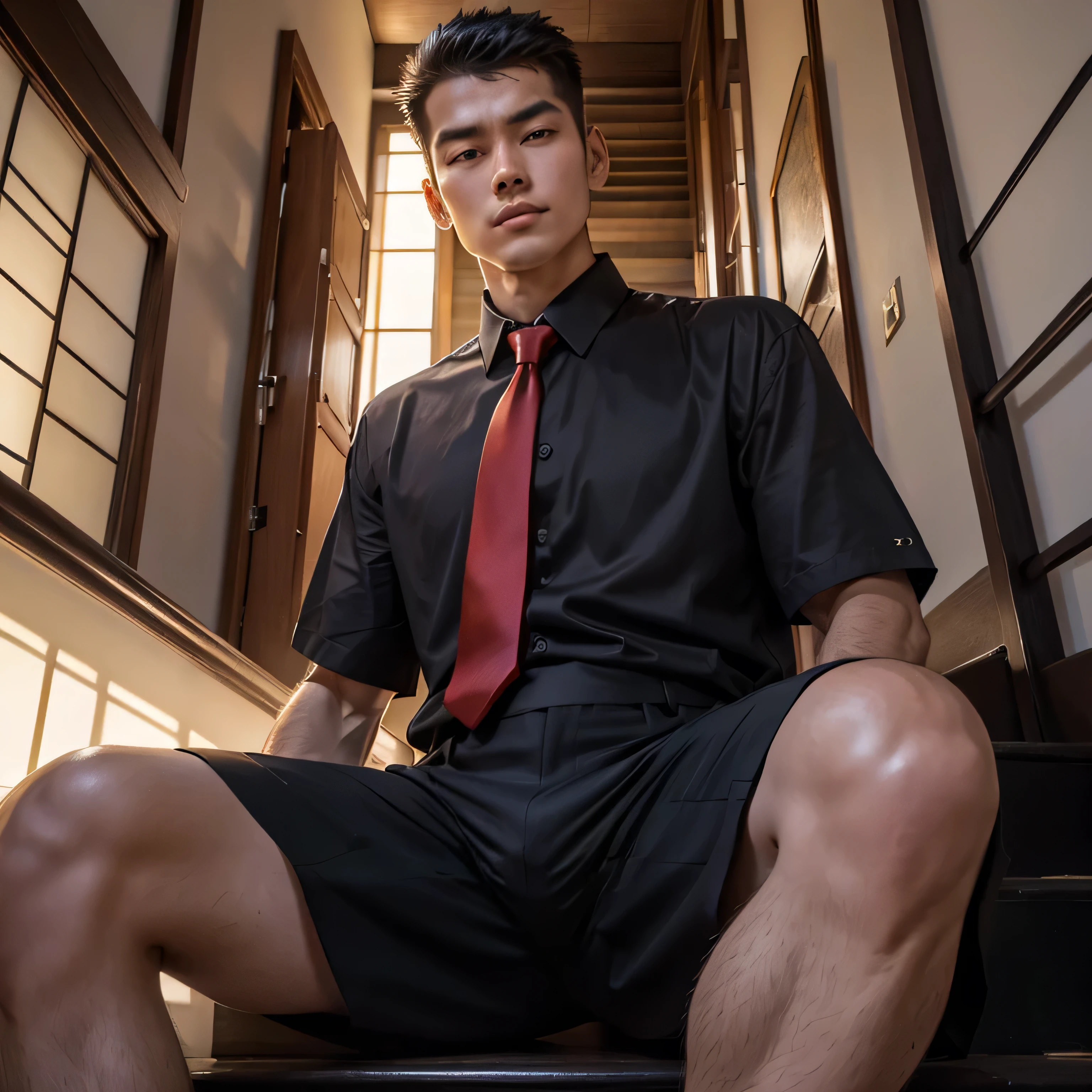 Age 27,One tall man,、Black shirt with short sleeves、Red tie、black slim pants、Raid　Stairs of the mansion in midsummer、Sit with your legs apart、logic, ,Very short hair　,Japanese Face,　Upper body close-up、Seen from below　barefoot