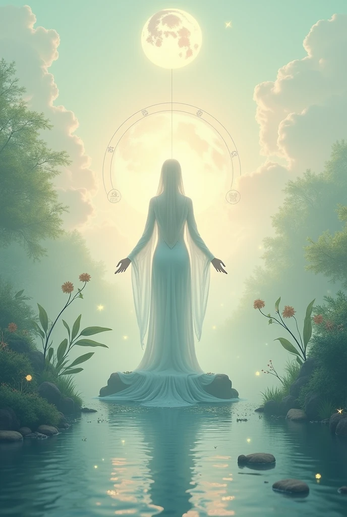 Image of Greek goddess Aphrodite sending healing light energy to many people, surrounded by forest, realistic, detailed, ethereal, mysterious, soft lighting, dreamy atmosphere, spiritual ritual, harmonious environment, soft pastel colors, ethereal soft background, Soft Focus