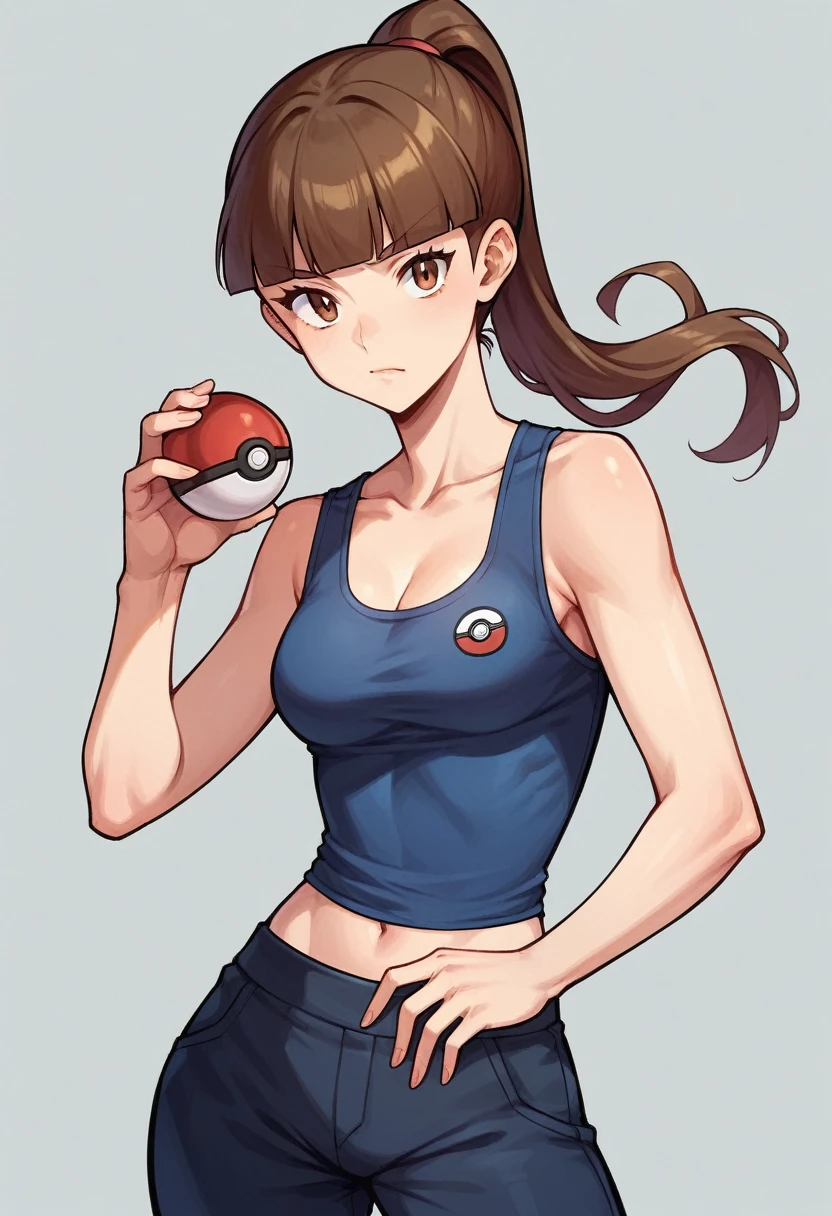 ((masterpiece, best quality)), (1girl), best quality, 1girl, character_pokemon_hilda, leaning forward, sweat, cap, tank top, navel, black thong, denim shorts, <lora:character_pokemon_hilda_v1:0.7>, stadium, dynamic pose, (holding pokeball:1.2)
