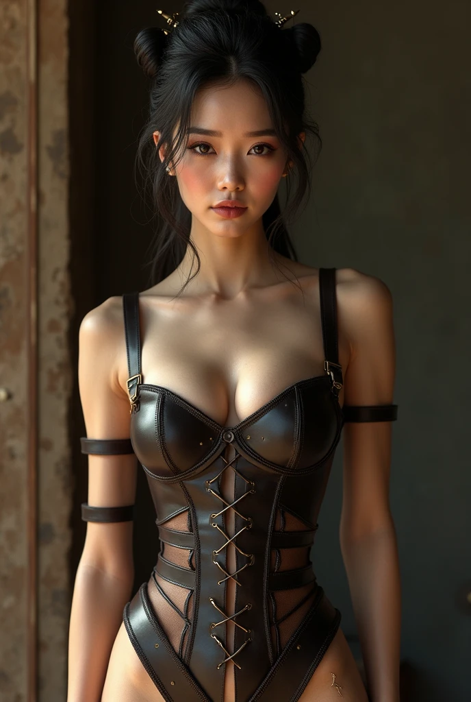 (Best Quality, Masterpiece: 1.1), (Fidelity: 1.4), 1 Girl, Upper Body, Very Short Hair, Studio, BDSM, slave, Black Corset, Bondage, Slave Chain, Slave Collar, Slave, Panties, Tied Woman, Blindfold