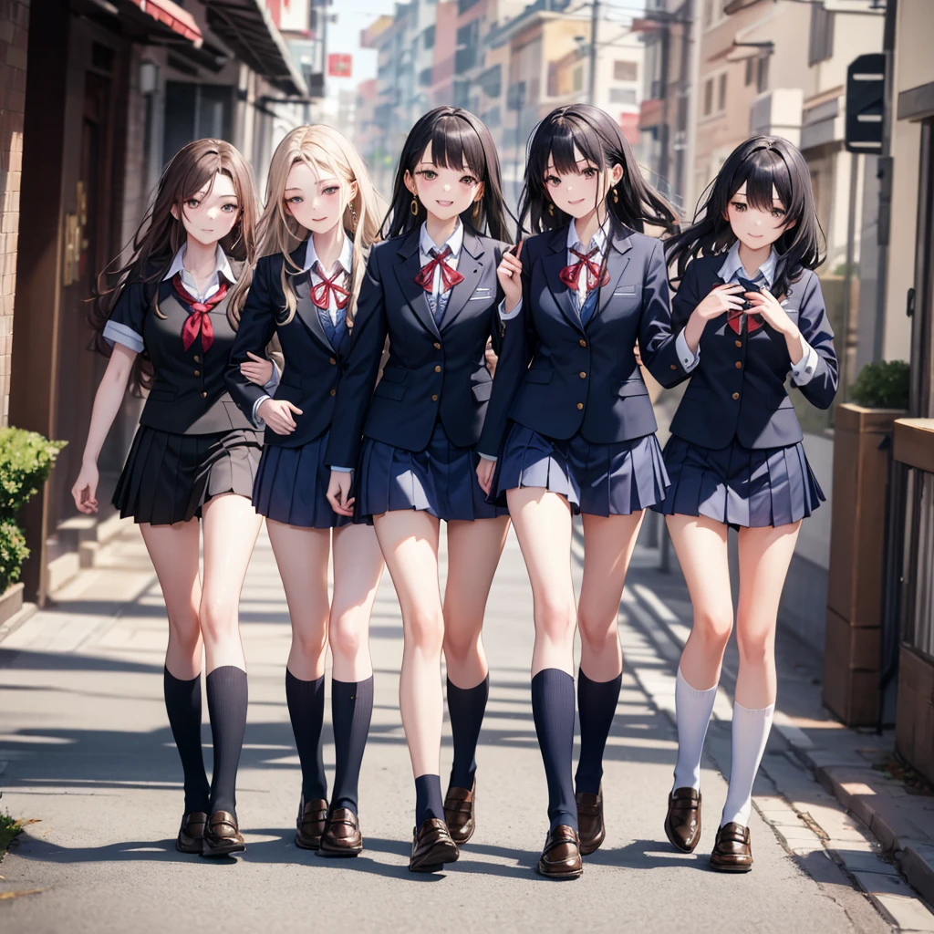 nsfw, (8k、Best image quality、Highest quality、masterpiece)、Detailed face、Detailed Background, Improve、Five beautiful 1 women, tall, (Matching schoolgirl uniforms:1.3), Earrings, (grin), Walking on the way to school, Beautiful thighs, Dynamic Angles, full body, 