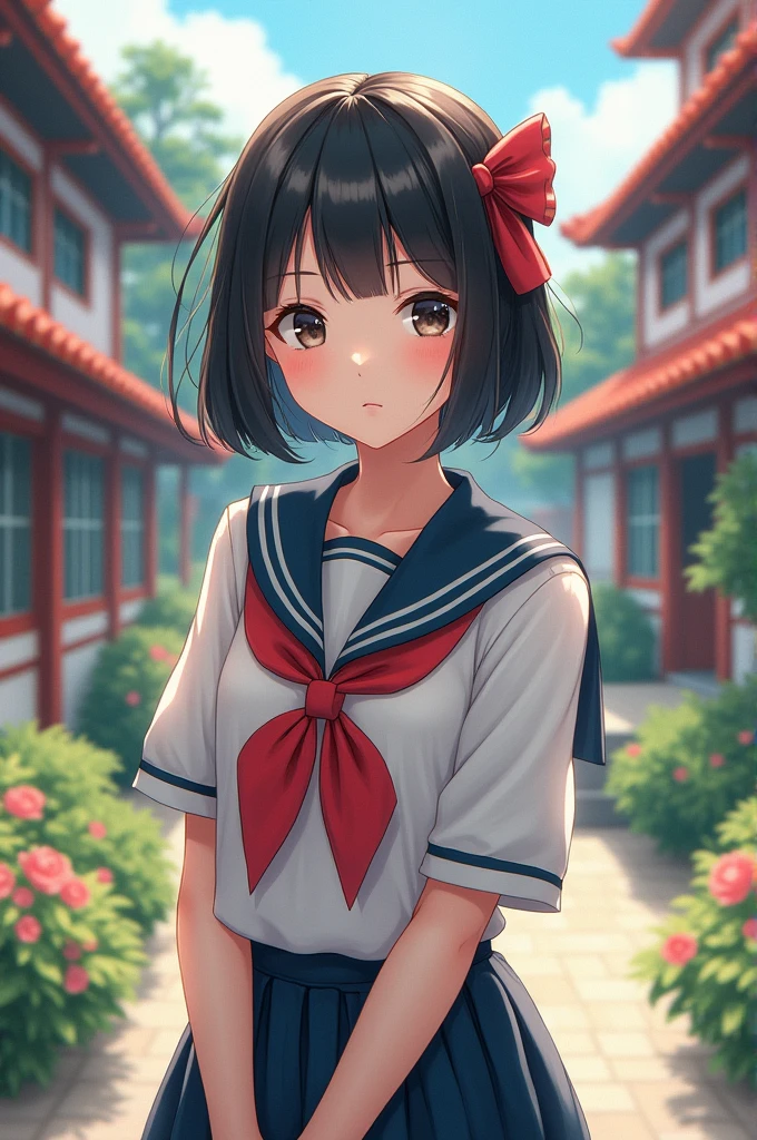2 girls, masterpiece, Highest quality, Highly detailed CG Unity 8k wallpaper, High School Girl Anime Illustration. Wearing a red and white kimono, Sit upright, Lean your upper body forward, And then bow., Both expressed their gratitude.., seiza, The background is red and white vertical stripes, Close your eyes and open your mouth, Big smile, Facing the viewer