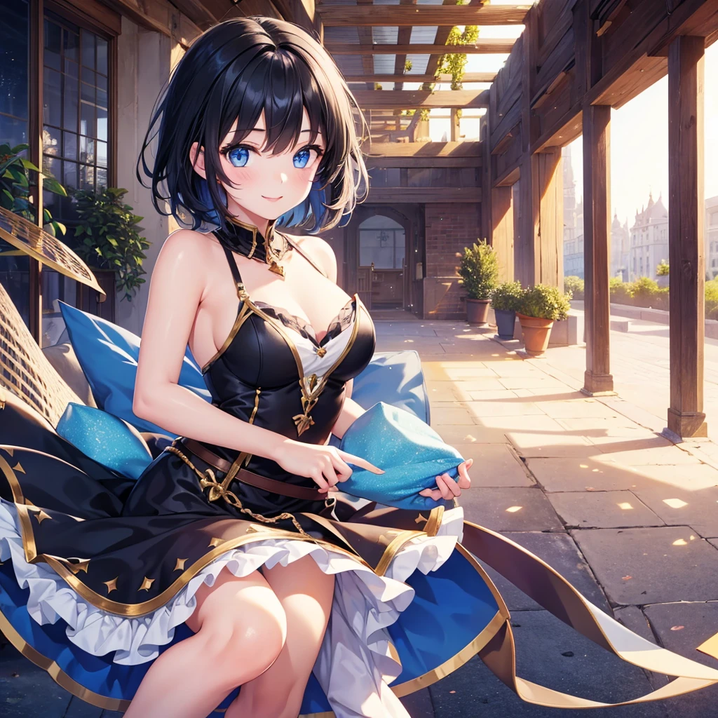 (((Masterpiece)), (Best Quality), Eurukroni, 1 girl, solo, breasts, short hair, skirt, shirt, thigh, gloves, long sleeves, bow, bare shoulders, jewelry, white shirt, earrings, split sleeves, sleeveless, black gloves, stripes, fluffy sleeves, black thighs, mini skirt, black skirt, bow tie, clothing cutout, sleeveless shirt, chain, blue bow, openwork, vertical stripe, zipper, asymmetric socks, striped skirt, head chain, bow earrings, (NSFW:1.2), Full body, solo