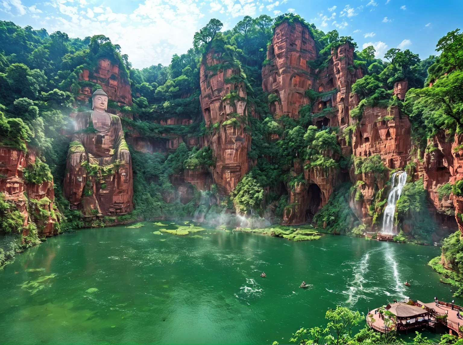 Towering red and brown cliffs dotted with lush green trees，Leshan Giant Buddha，Dominating the scene, Creating a stunning natural amphitheatre. bottom, A tranquil green lake reflects the vibrant landscape. A small pavilion and a simple trail nestle beside the cascading waterfall.，Adding a touch of tranquility to this awe-inspiring landscape。. The sky is a stunning expanse of blue，Dotted with white clouds, Complementing the vibrant scenery, Pristine environment.