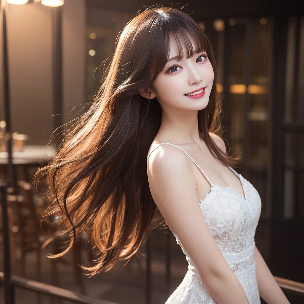 8K quality、High resolution、Realistic skin texture、High resolutionの瞳、A dignified woman、Princess Hair、thin、Small and young breasts、Realistic tongue、Beautiful cleavage、Brown Hair、美しくthin脚、Sweating profusely、Sweat accumulates in the chest、Cafe terrace in the evening、Shooting from the side、wedding guest clothes、Sexy pose