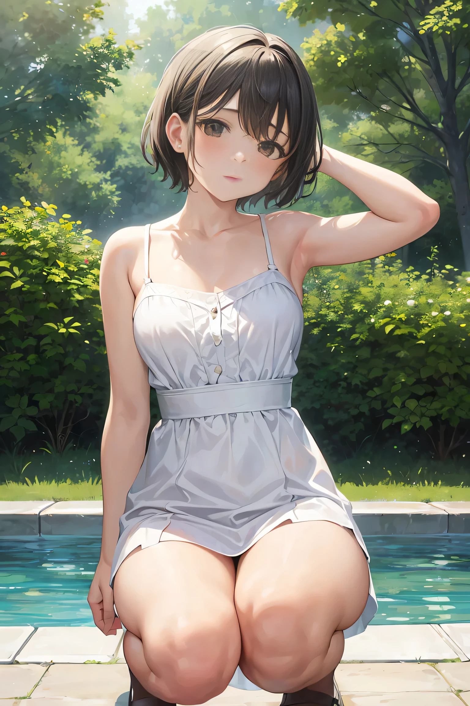 In the style of Claude Monet, Impressionism, One Girl, Focus on the upper body, (White camisole dress), , Whole Body Ezbian, Silver short hair, Pool,  squat。Showing off pussy bottomless