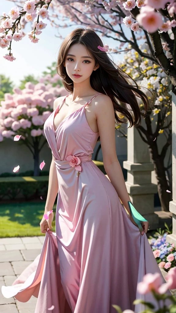 (A logo、masterpiece、8K、masutepiece、Raw photo、Fantastic、Best Quality、Photorealistic and ighly detailed CG integrated 8k wallpaper、hightquality、ighly detailed、epic poem、Particle effect、Dynamic effects、depth of fields、Cinematic Light、Lens Flare、Ray tracing)、Fantasia、 (Beauty 1 person、doress、Dress、Cherry blossom pattern、A dark-haired、Beautiful face、Real Face、beautiful details eyes beautiful skin)、my hair dances in the wind、Hair flutters in the wind、Hair jumps、Pink cherry blossom tree、Petals flutter、Sakura blizzard、Superb view、morning glow、Sun in the background、the wind、