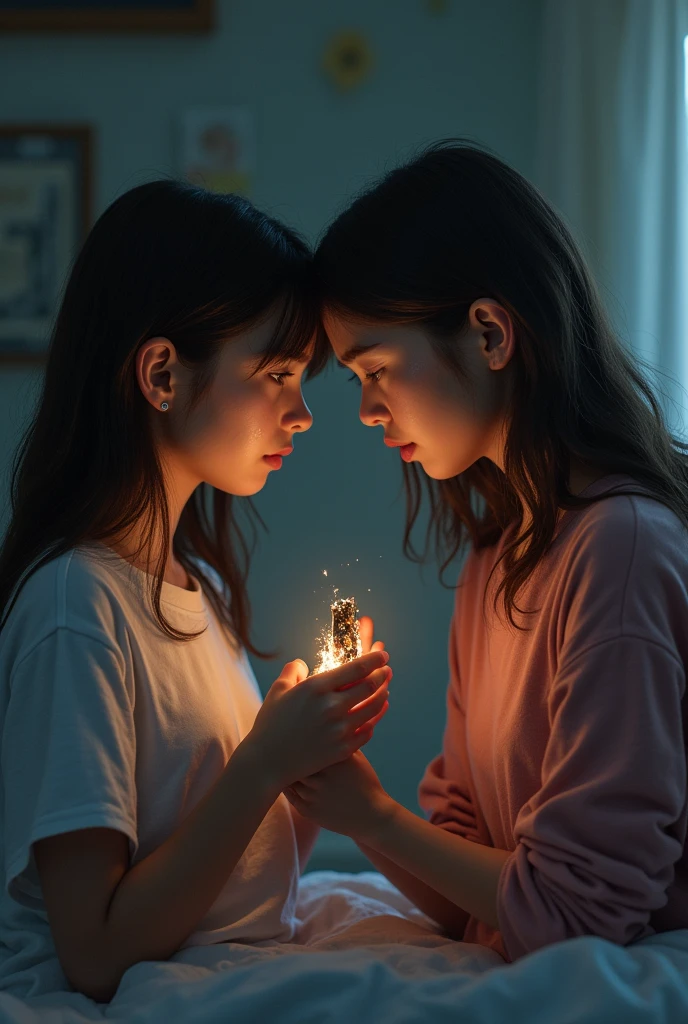 Two girls (13 years old), Naked, identical, clone, Kissing