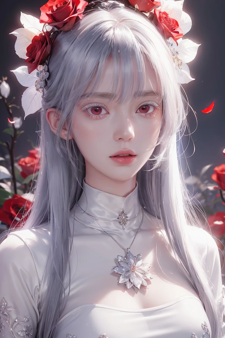 (8k, best quality, masterpiece: 1.2), (realistic, photorealistic photorealistic: 1.37), best quality, masterpiece, unity, an extremely delicate beautiful, extremely detailed, amazing, fine detail, masterpiece, best quality, official art, absurd, incredibly absurd, super detailed, high resolution, very detailed, beautiful detailed girl, extremely detailed eyes and face, beautiful detail eyes, light on face, white hair, Kpop idol, ulzzang-6500, A female , she/her, pale skin, with long silky white straight hair with straight short bangs covering her eyebrows!!!!, red eyes!! white eyelashes, very sexy, wearing a knitted, deep red turtleneck with a long black stockings and black boots, red background, wallpaper, highest resolution, magical, roses, hot, pfp,(8k, best quality, masterpiece: 1.2), (realistic, photorealistic photorealistic: 1.37), best quality, masterpiece, unity, an extremely delicate beautiful, extremely detailed, amazing, fine detail, masterpiece, best quality, official art, absurd, incredibly absurd, super detailed, high resolution, very detailed, beautiful detailed girl, extremely detailed eyes and face, beautiful detail eyes, light on face, white hair, Kpop idol, ulzzang-6500, A female , she/her, pale skin, with long silky white straight hair with straight bangs covering her eyebrows, red eyes, very sexy, wearing a knitted, deep red turtleneck with a long black stockings and black boots, red background, wallpaper, highest resolution, magical, roses, hot, pfp, badass cool, looks evil, add thick bangs