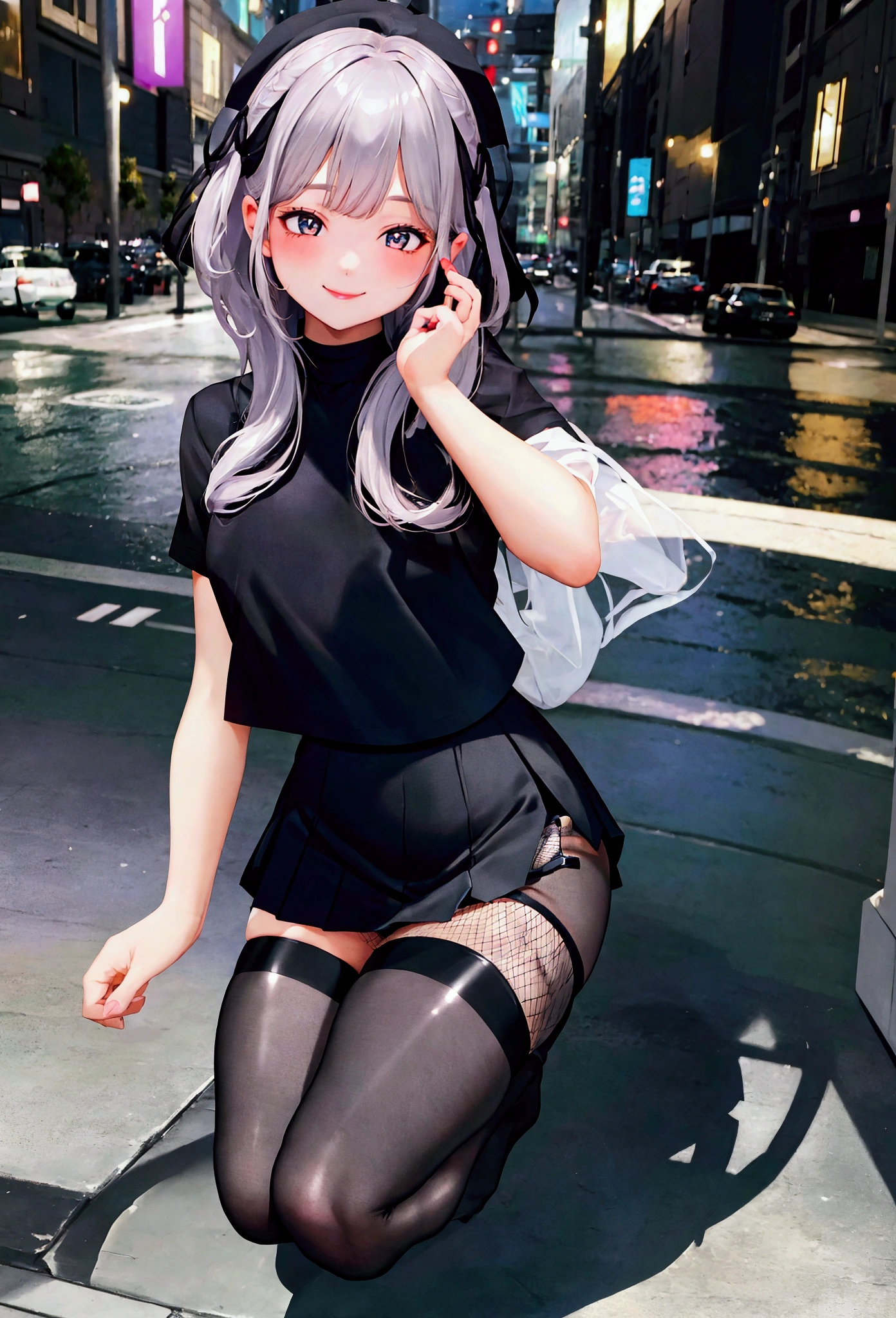 Ultra detailed, high resolution, shy, smile, 1girl, full body, fishnet leggings, black shirt, park, mini skirt