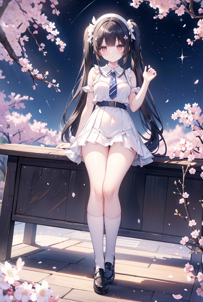 shinkai makoto style, 1girl, bangs, long black hair, blue sky, gentle smile, brown eyes, cloud, , white collared shirt, red ribbon, outdoors, summer day, cherry blossom petals, ancient shrine in background, glowing fireflies, ethereal atmosphere, bittersweet expression, sunset colors, fading realms lora:shinkai_makoto_offset:1