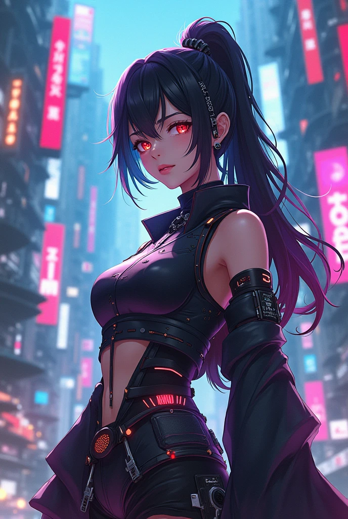 1 girl, Chinese_clothing, liquid black titanium and Red, Cyberhan, cheongsam, Cyberpunk city, Dynamic poses, Detailed glowing headphones, Glowing Hair Accessories, Long hair, Luminous Earrings, luminous necklaces, Cyberpunk, High-tech city, full of mechanical and Futuristic elements, Futuristic, technology, Neon lights, Red, Red light, Clear black tulle, Black Ribbon, laser, Digital background city sky, Big Moon, with vehicles, best quality, masterpiece, 8K, Character edge light, Ultra-high detail, high quality, The most beautiful woman in the world, smile, The face is symmetrical forward, left and right, earring, Beautiful student, Lighting Effects, Visual Data, Deep black hair, Ultra-fine facial texture, bright leather Red gloves, Elevation shooting, surreal light and shadow, Complex brushstrokes, Complex lines, Background Night
