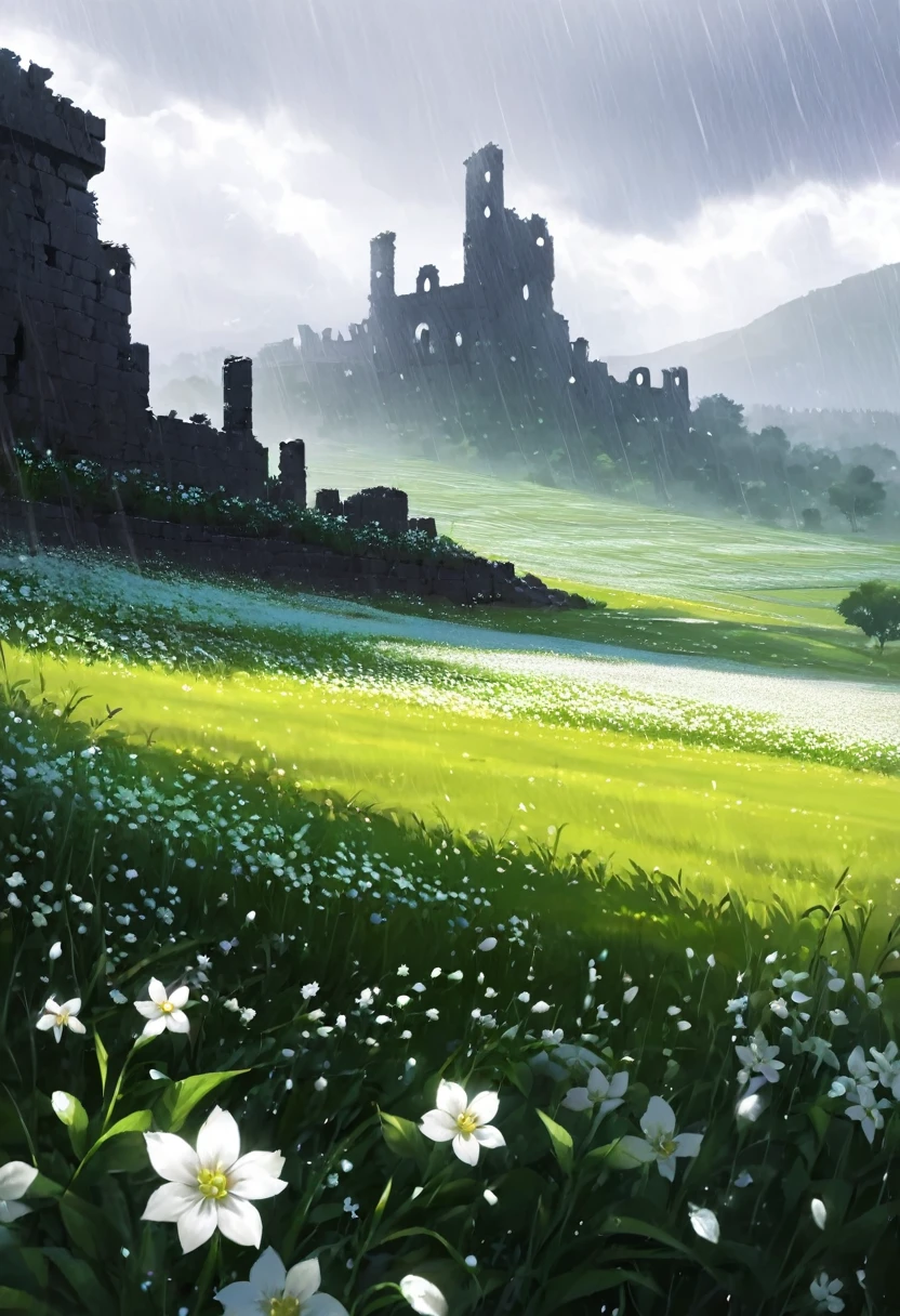 field of white flowers, hinterland, hinterland do jardim do castelo, paisagem sombria, (dreamy landscape), ruins, karo, raining
