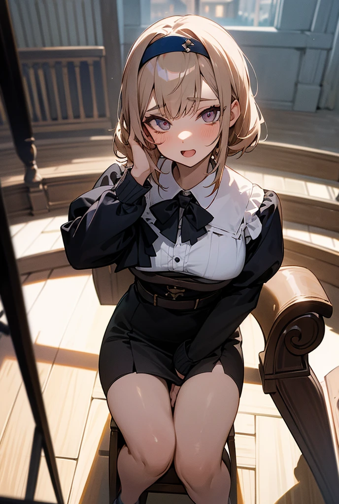 beautiful lighting, best quality, masterpiece, detailed background, shining skin, shining body, shiny skin, dynamic angle, (mid shot:1.2), bewitching hips, 1 girl, nikkenovel, deerstalker, plaid capelet, white shirt, cleavage, black skirt, black thighhighs, <lora:novel-nvwls-v1-final:0.8>, sitting, (knees up:1.5), cute pout, head tilt, white panties, knees together, feet apart, from front