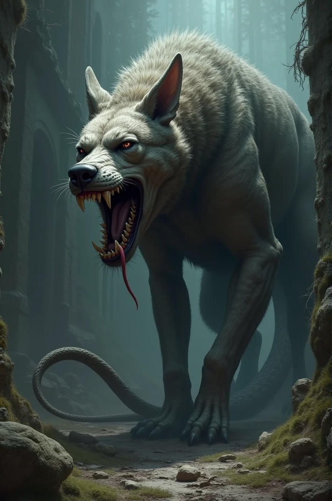 shaded, excellent quality, insanely detailed, phenyanyanya, honovy, marjani, personalami, hioshiru, male, muscular male, looking at viewer, animal genitalia, saggy balls, spread legs, canine penis, knot, big balls, white pupils, cave, dungeon, inside, rock, darkness, underground, glowing eyes, feral, quadruped, standing, paws, wolf, open mouth, teeth, all fours, tongue out, long tongue, hyper muscle, leaking precum, angry skull head, malo, mammal, canid, canine, bone, skull, fur, hair, genitals, black body, nipples, solo, black fur, black hair, digital media (artwork), monster