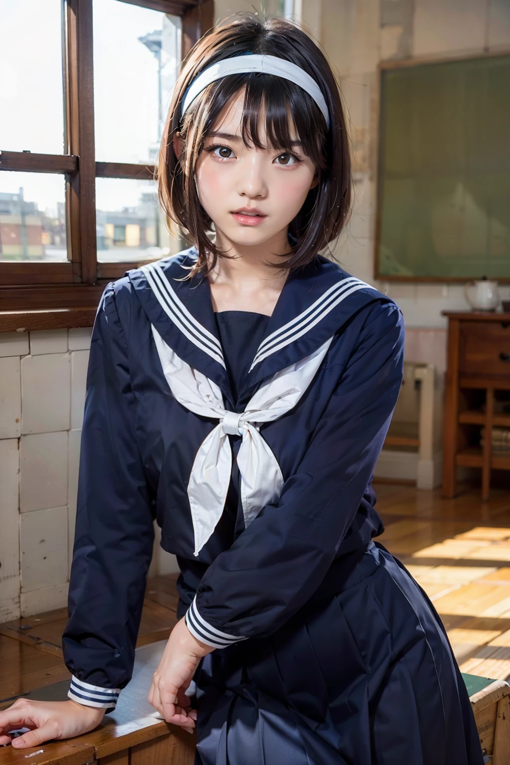 sailor suit, 8k, highest quality, masterpiece, Super detailed, ultra high resolution, realistic, RAW photo, absolute resolution, face is small compared to body, very small face, black hair,  navy blue sailor uniform, Dark blue skirt, 3D rendering, realistic young school girl, (white headband:1.4), small breasts, expensive, slanted eyes, (school scenery), open your mouth, bob cut, Long Skirt, looking at the camera, 