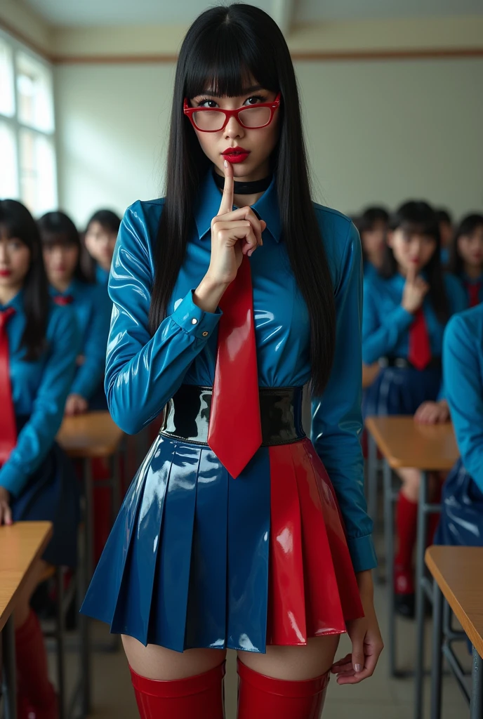 A woman shrouded in a 4-meter-long, plush red satin cloth, tightly bound and grandly draping along the form of her body, flowing off into a pooled floor-length train, styled in a mermaid-inspired outfit, her head modestly veiled in a satin hijab, tall woman, in class room with her students, a full-body pose posing in front of people, captured in a 4k resolution, ultra-realistic