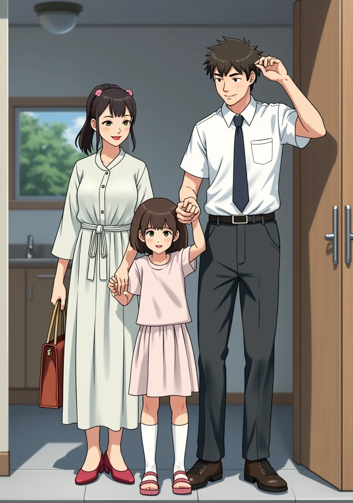 A middle-aged woman named Minako Kazama, standing and smiling warmly. She is around 155 cm tall with a healthy, average build that gives her a soft and gentle appearance. She has light brown hair in a medium length, just touching her shoulders, with straight bangs that give her a cute and youthful look. Her face is round and friendly, with large, bright eyes that resemble her son Daisuke's. She is 4, and her appearance reflects a touch of maturity and experience appropriate for her age, while still maintaining her cheerful and warm demeanor. The image should convey a sense of her maturity, with slight wrinkles or other age-appropriate features, while still showing her warm and comforting presence.