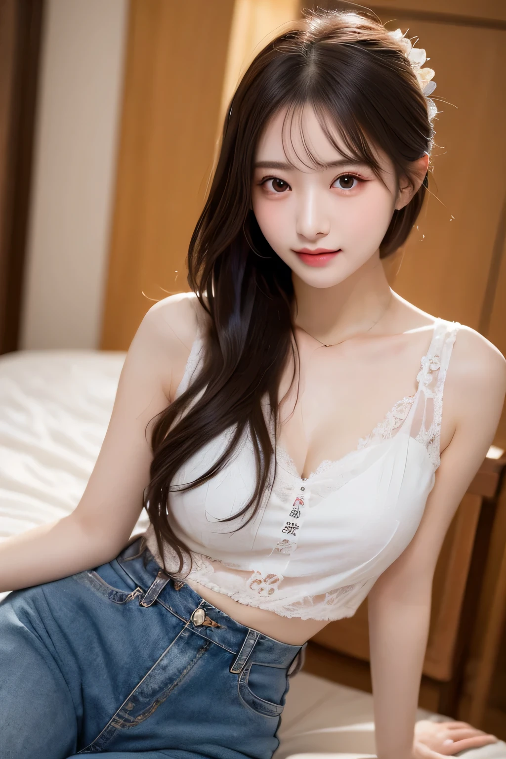 (masterpiece, realistic, photo-realistic:1.2), finely detail, ultra high res, perfect anatomy, best quality, 8K, soft focus, upper body shot, (happy smile:1.3), (1girl, 16yo Japanese girl:1.2), (elaborated lace bra, off-shoulder, mini skirt with checked patterns:1.2), (lie down on bed, lie on one's back, from above, focus on breasts:1.2), (black straight hair, middle length hair, blunt bangs:1.2), dwarf, beautiful detailed face and big eyes, (white and smooth skin, glowing fair skin:1.3), (pointed huge breasts, gigantic breasts:1.3), (bloom, detailed background, beautiful luxury bedroom, superb view:1.2),