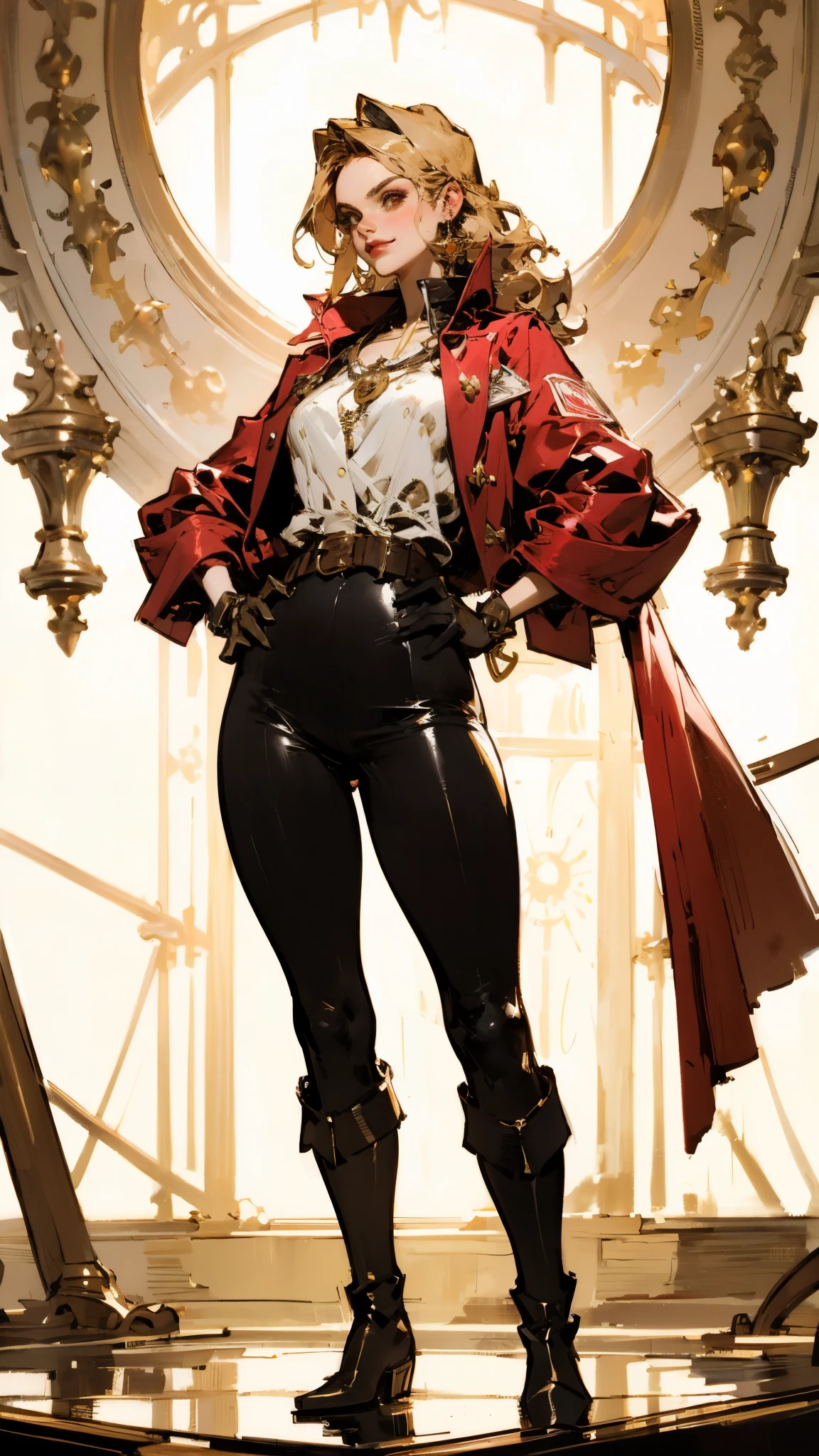 (masterpiece:1.2, best quality:1.2, extremely delicate:1.2), ((Alexandra Daddario:1.2)), a women with flowing orange long hair, exquisite facial features, a playful smile, confident eyes, a tall figure, a two-piece fantasy-style pirate coat, primarily yellow with red accents, long wrist guard gloves, a gold belt around her waist with a short hem, leather pants, knee-high boots, standing with her hands on her hips, the background is a fantasy medieval-style port tavern, this character embodies a finely crafted fantasy-style female pirate, exquisite photography, Photo realism, photorealistic, perfect skin, even and soft lighting on face, dramatic, high definition, highres, ultra-detailed, ultra-fine painting, professional, perfect body proportions, golden ratio, anatomically correct, symmetrical face, extremely detailed eyes and face, high quality eyes, creativity, RAW photo, UHD, 32k, portrait lighting, Natural light, cinematic lighting, (masterpiece-anatomy-perfect:1.2)