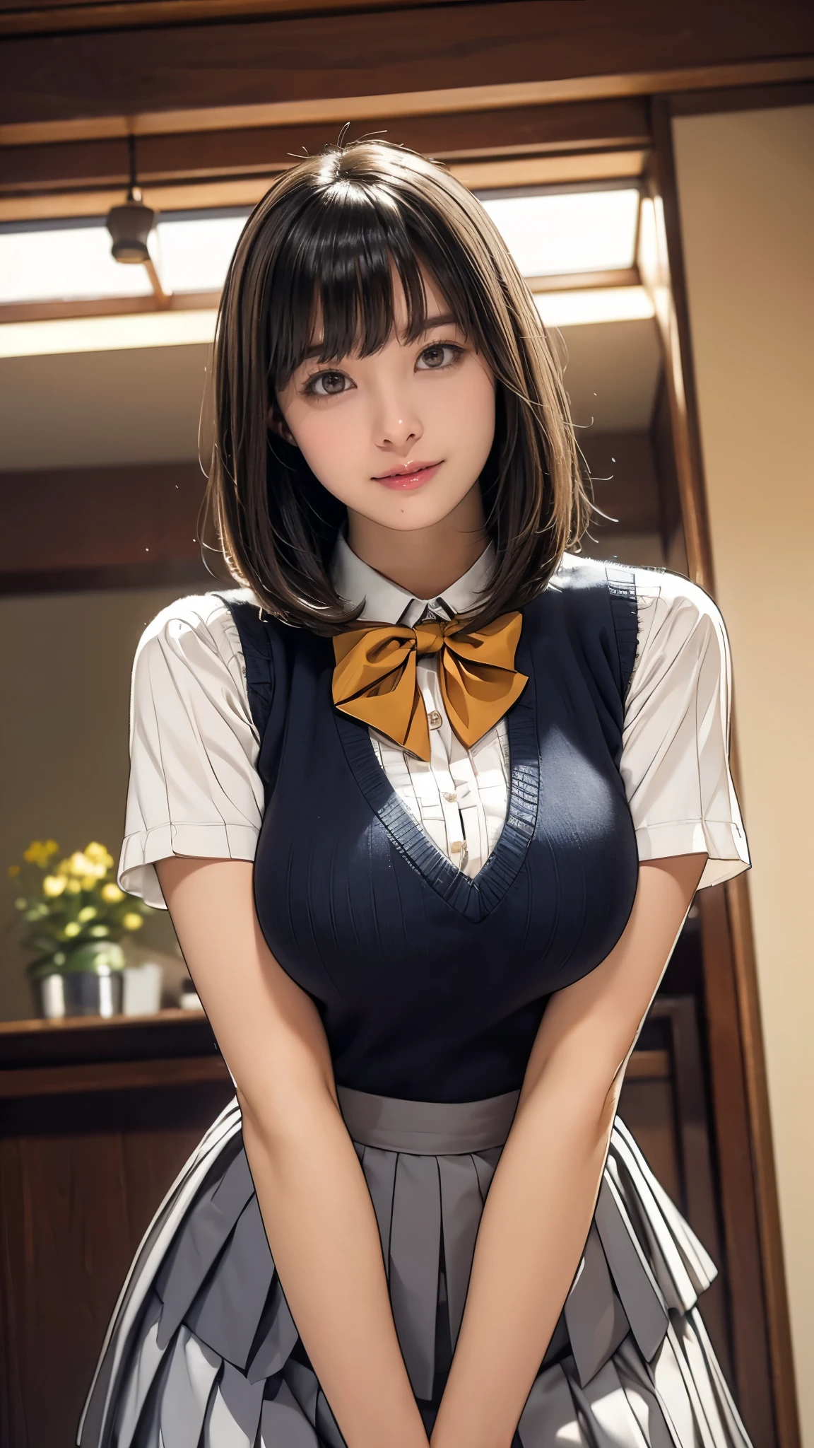 masterpiece, Highest quality, 8k, Young and beautiful girl, Baby Face、Clothing、((((whole body))))(((((()))))),((:1.3)), photo shoot, Cute Face, Thighs、smile, 10 generations, Detailed face, Background blur、short hair、Brown Hair、Cleavage、Tig,(((((Cleavage))))mini skie collared shirt))mini skirt、Navy Pleated Skirt、high school girl、necklace、topless
