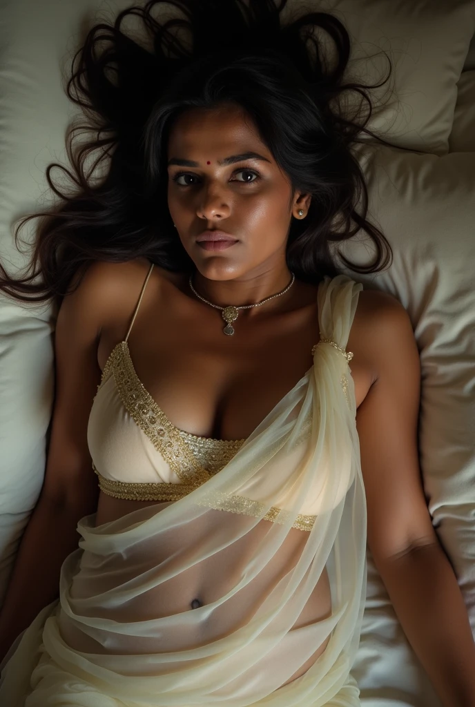 A nude Indian woman in a bed, detailed portrait, beautiful face, long dark hair, sensual expression, laying on a luxurious silk bed, intricate patterns on bedding, warm lighting, dramatic chiaroscuro, cinematic composition, masterpiece, photorealistic, 8k, high quality