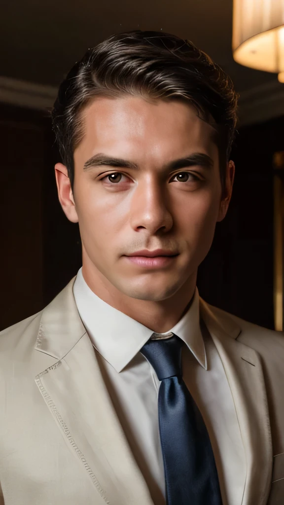 male、Luxury Suits、Red tie、Hotel lounge、 (Attention to detail:1 1), rough face, Natural Skin, high quality, Browsing Caution, Beautiful Eyes, (detailed face and eyes), (face: 1 2), noise, Extra, Actual photo, PSD, Lamp Film Photo, Sharp focus, Contrast lighting, Detailed skin, High resolution 8k, Crazy Details, Realistic, Professional photography, 8K Ultra HD, Single-lens reflex camera, Soft lighting, high quality, Film Grain, Fujifilm XT3
