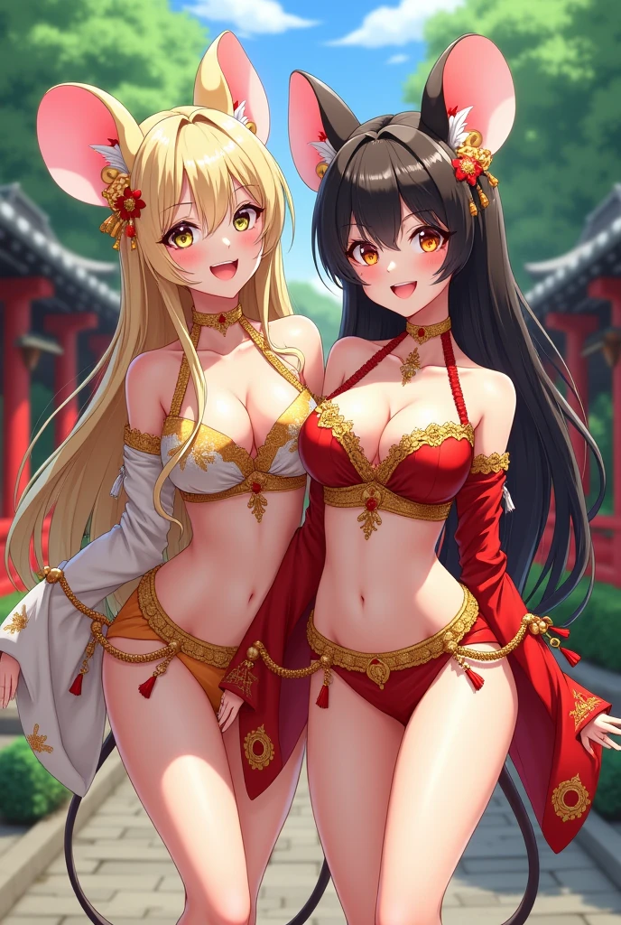 Masterpiece, highlydetailed, Hyperrealistic, HD fullbodyshot of beautiful geisha female with blond bob-cut, hair-bun, hairpins, wearing a falloff shoulders kimono with tiger's pattern showing clivage, holding Japanese umbrella on shoulder, wearing high geisha footwear. perfect face features with seductive serious look, expressive glowing red eyes, perfect body shape, curvy, big, thick and muscular body shape , red oni horns