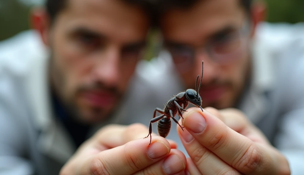 A meticulously detailed close-up of a tiny ant, no larger than a grain of rice, standing proudly at the very tip of a woman's erect nipple. The woman's skin is a canvas of soft, creamy tones, with the nipple at its center, a shade darker, drawn taut and pointing skyward. The ant, a stark contrast in its deep black color, is depicted with its antennae waving gently in the air, as if surveying the vast, alien landscape of the human body. The nipple is framed by a delicate halo of goosebumps, standing out against the surrounding areola, which itself is a warm, rosy pink. The texture of the ant's exoskeleton is intricately rendered, reflecting a single beam of light that spotlights it dramatically. The surrounding area of the woman's torso is a blur of softness, the focus solely on the intimate interaction between the minuscule creature and the sensitive flesh it has chosen to explore. The nipple is adorned with a fine sheen of sweat, hinting at the warmth and life that pulses beneath, while the ant's legs grip the smooth surface with surprising strength. The composition is such that the viewer feels a sense of awe at the juxtaposition of the ant's microscopic world with the macroscopic human form, inviting contemplation on the scale of existence and the hidden wonders that lie just beyond our everyday perception.