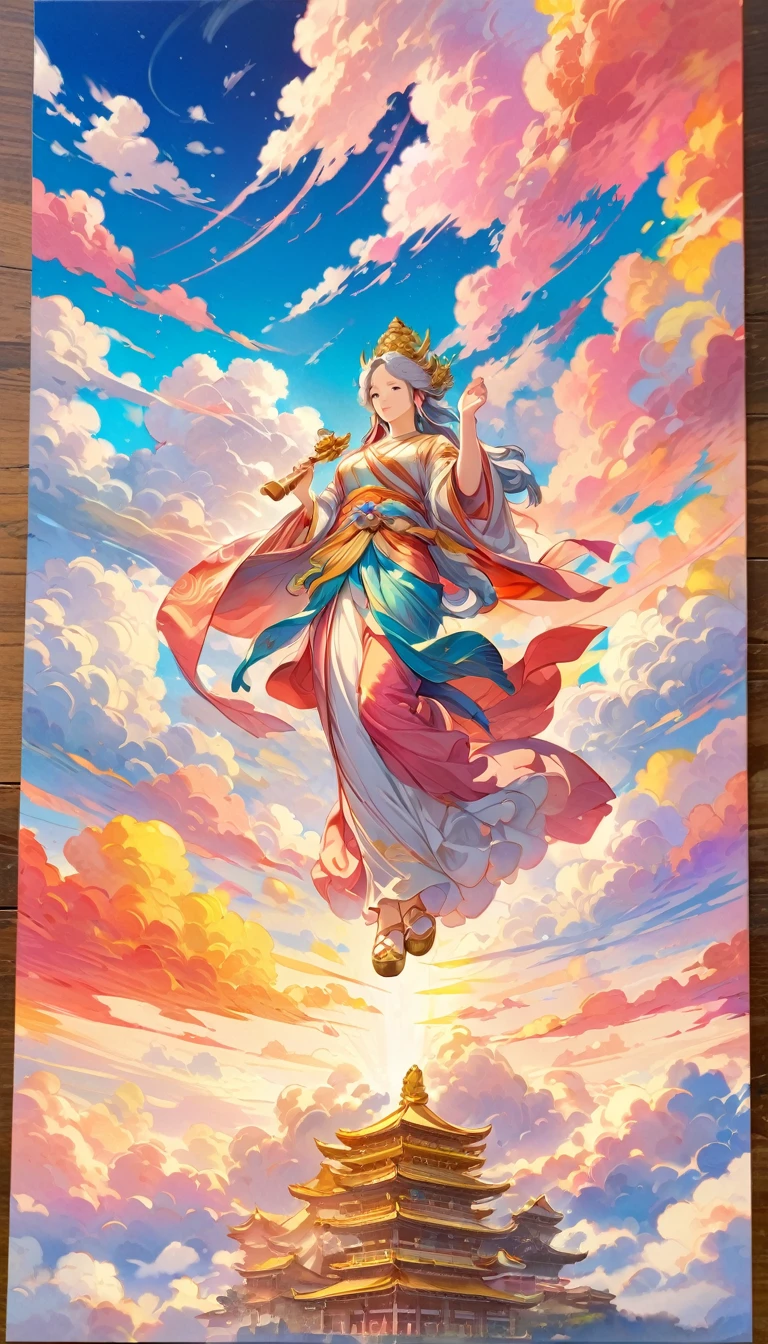  Detailed anime art, Masterpiece, Highest quality, ８K, 1 Hand-painted Mother Kannon statue, Ride the Clouds, Colorful Clouds, Detailed illustration art, Vibrant colors, High resolution, art,  Colored pencil drawing，