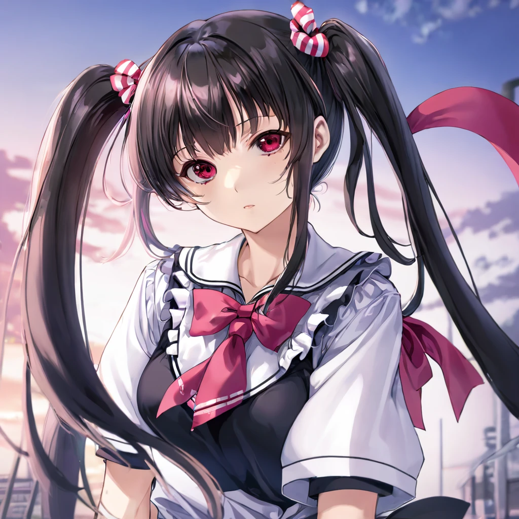 (High resolution, 8k, best quality, masterpiece, ultra detailed), anatomically correct, anime, 1girl, very long low twintails, red ribbon, very long low pigtails, black hair, serafuku, black sailor collar, white blouse, pink neckerchief, school, from front