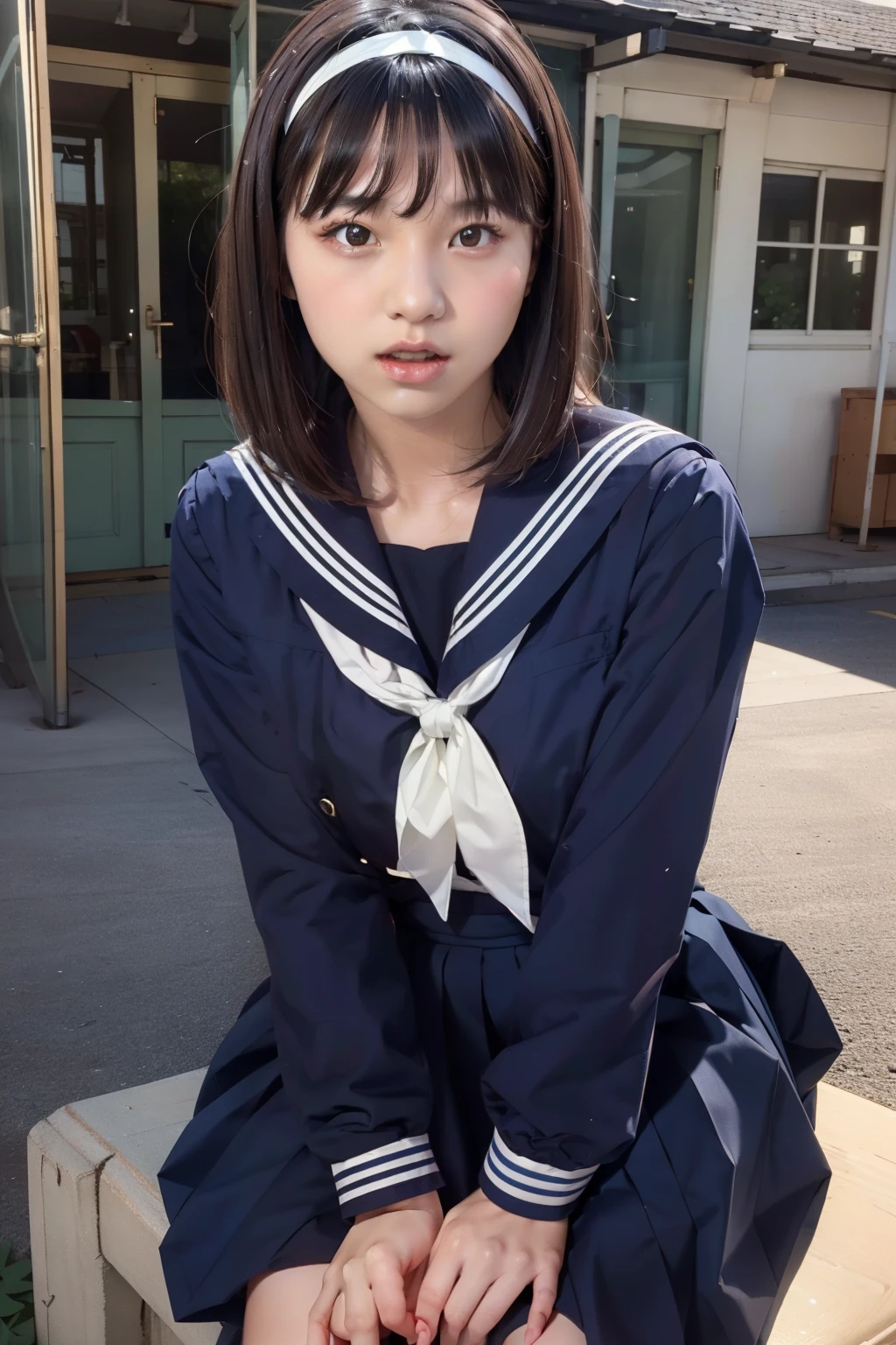 sailor suit, 8k, highest quality, masterpiece, Super detailed, ultra high resolution, realistic, RAW photo, absolute resolution, face is small compared to body, very small face, black hair,  navy blue sailor uniform, Dark blue skirt, 3D rendering, realistic young school girl, (white headband:1.4), small breasts, expensive, slanted eyes, (school scenery), open your mouth, bob cut, Long Skirt, looking at the camera, 