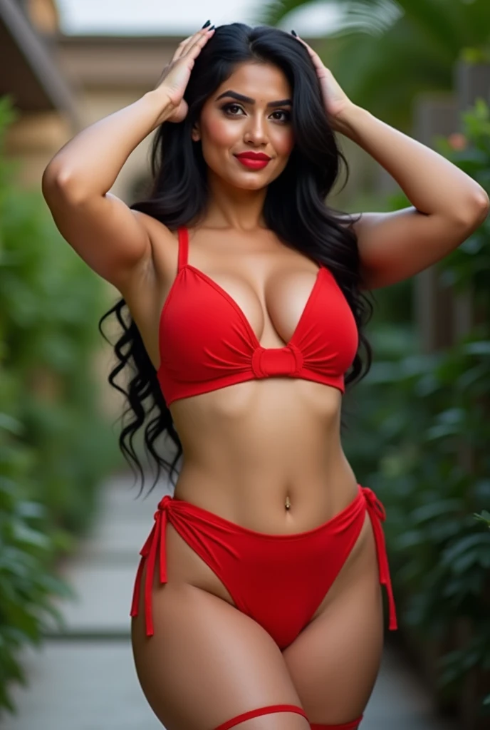 Portrait of a beautiful 25-year-old woman, schwarze haare, beautiful latina, red latex bikini, am hotelpool, (helle poolbar, dunkles und melancholisches Licht: 1.2), shy smile, busty, tanned