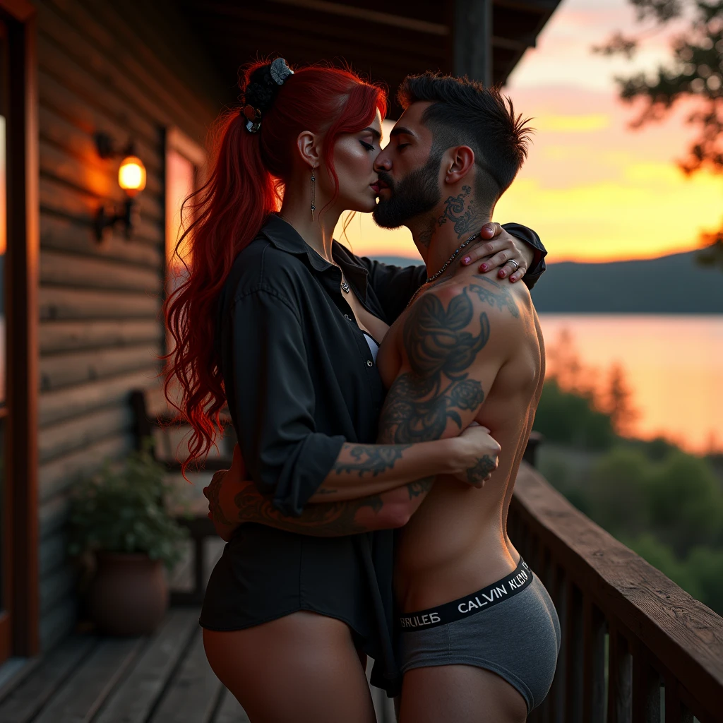 a tattooed man with short red hair and a red beard, wearing glasses and kissing a chubby white woman with dark and black long dreadlocks on her hair, full of tattoos.