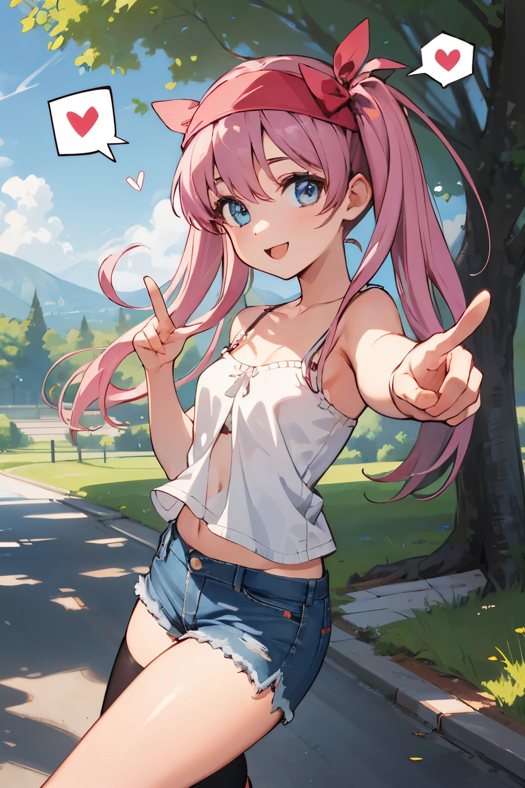 work of art, best qualityer, high resolution, 1 girl, aanodoka, twintails, headband, camisole,shorts jeans, plein-air, ssmile, pointing at the screen,,,,viewer,,spoken heart,6 years,(mic),,thighhigh,ssmile,